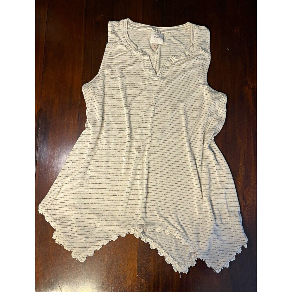 Knox Rose Beige Gray Striped Knit Lace Hem V-Neck Tank Top Sleeveless M